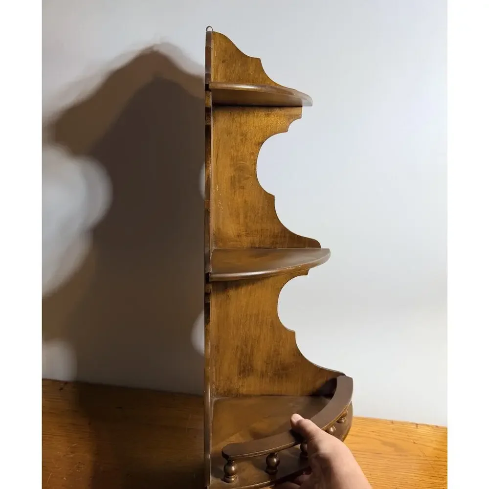 Vintage Dark Wood Wall Corner Shelf 3 Tier Rail Cottage Country Display 25